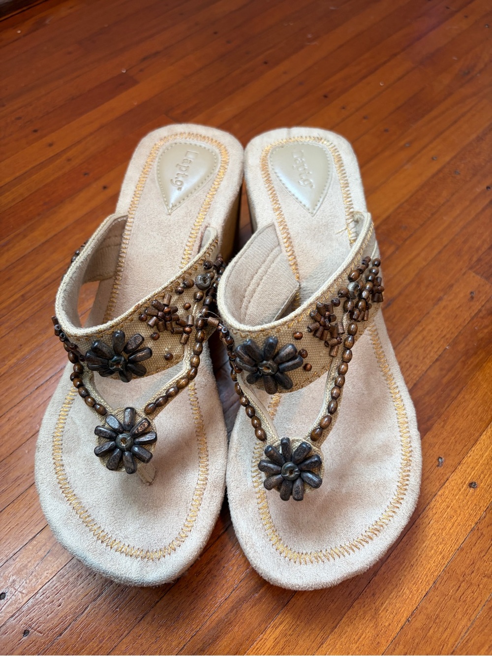 Apt. 9 Beaded Floral Tan Wedge Sandals